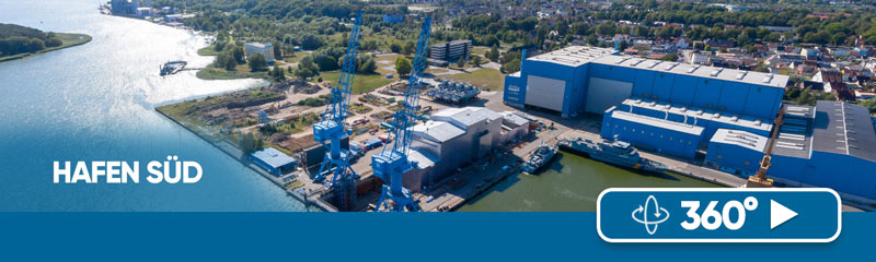 Hauptgrafik für das Hafenwerbegebiet in Wolgast mit Playbutton für 360°-Rundgang